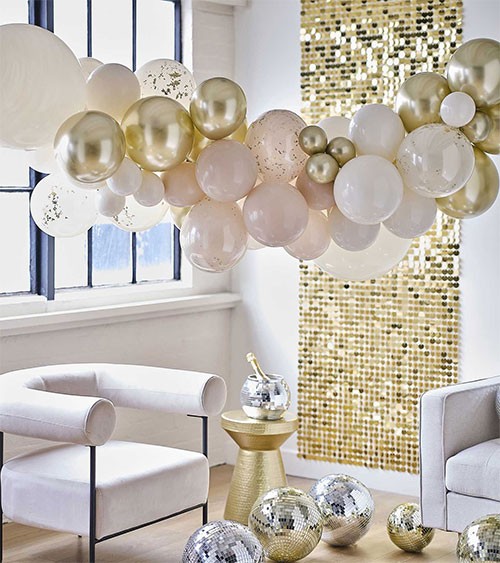 Ballongirlande - gold, creme, transparent mit Konfetti - 62-teilig